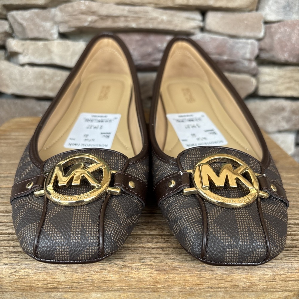 Michael Kors Fulton MK Logo Moccasins Brown Size 8.5 Gold Hardware Flats - Picture 2 of 12